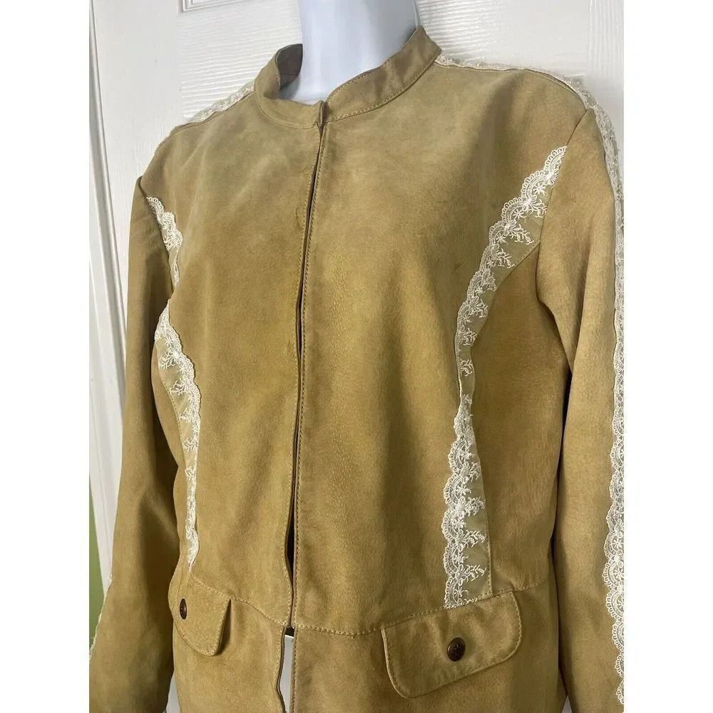 Cervelle Beige Leather With White Lace Trim Jacket Women’s Size Large - Picture 2 of 16